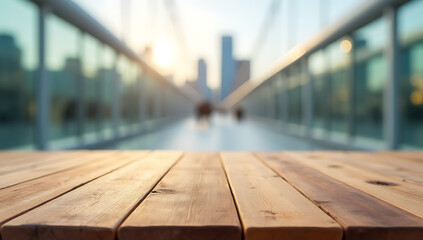 Poster - A wooden table top with a blurred cityscape visible in the background creates an interesting visual contrast._00002_