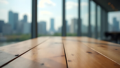 Aufkleber - A wooden table top is focused on in selective focus with a blurred cityscape and glass window in background._00002_