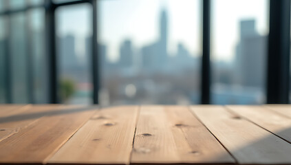 Aufkleber - A wooden table top is focused on in selective focus with a blurred cityscape and glass window in background._00001_