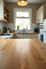 Poster - A wooden table sits atop a blurred kitchen countertop with its surrounding room visible in the background._00002_