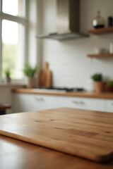 Poster - A wooden table sits atop a blurred kitchen countertop with its surrounding room visible in the background._00001_