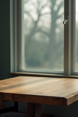 Poster - A wooden table sits atop a blurred glass window, creating an interesting contrast of textures and visual styles._00001_