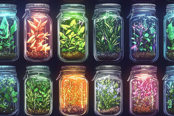 Canvas Print - Seamless pattern of Colorful jars filled with various herbs and plants, creating vibrant display