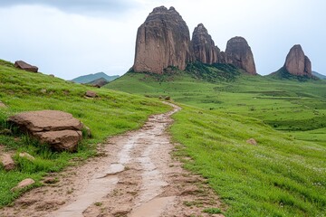 Poster - A stylized outline of the Simien Mountains, with simple curves and muted earthy tones representing Ethiopia iconic landscape