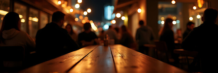 Poster - A wooden bar table is set up on a dark night in a crowded cafe with selective light._00002_