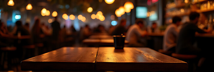 Poster - A wooden bar table is set up on a dark night in a crowded cafe with selective light._00001_