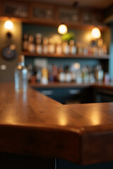 Aufkleber - A wooden bar table is empty except for a blurred glass bottle placed in the background of the counter._00001_