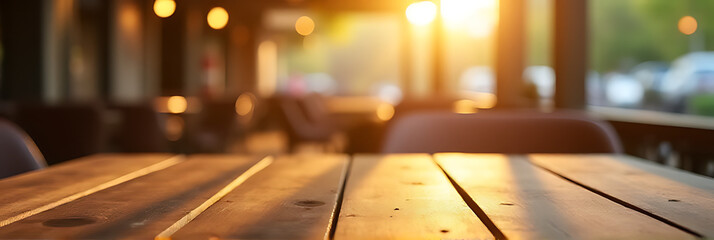 Poster - A wood textured tabletop with blurred golden light and bokeh effects is often seen in cafes and restaurants backgrounds._00001_