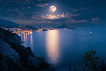 Wall Mural - romantic and scenic panorama with full moon on sea to night