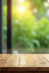 Poster - A wood table top is shown with a blurred window glass reflection and lush greenery in the morning light background._00002_