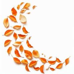 Poster - Orange autumn leaves arranged in crescent shape on white background, creating beautiful fall themed design