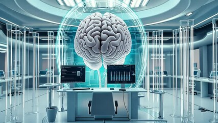 Poster - Innovative lab showcasing advanced brain-computer interfacing technology in a modern research facility