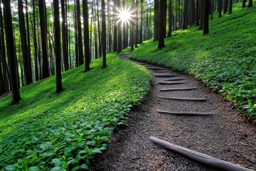Poster - A trail through a eucalyptus forest, with light filtering through the dense canopy