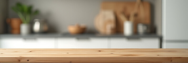 Poster - A wood table top is focused while a blurred kitchen counter provides a background in this selective photo shot._00002_