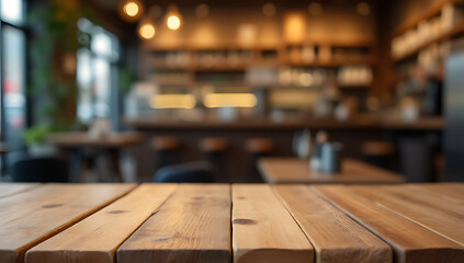 Poster - A wood table top is set against a blurred cafe background to create a visually appealing montage product display image._00001_