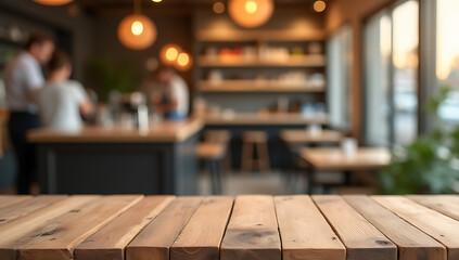 Poster - A wood table top is set against a blurred cafe background to create a visually appealing montage product display image._00002_