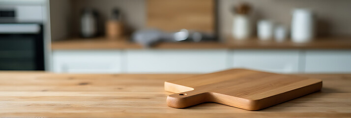 Poster - A wood table top has a chopping board placed on it, against a blurred kitchen counter in the background._00001_