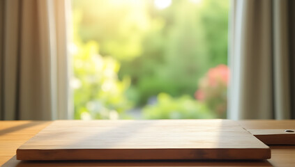 Poster - A wood table top and chopping board are blurred behind a curtain with a fresh garden scene in the background for product display._00001_