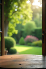 Poster - A wood table in a green garden is blurred out of focus while viewed through a window as a distant background._00001_