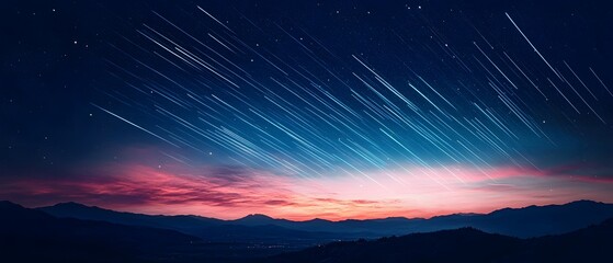 Poster - Captivating Star Trails Above Majestic Mountains at Twilight, Highlighting the Beauty of the Night Sky with Vibrant Colors and Celestial Motion