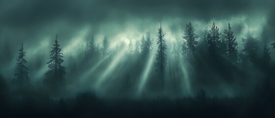 Poster - Enigmatic Misty Forest with Sunlight Rays Illuminating Tall Trees in a Serene and Mysterious Atmosphere Capturing Nature's Beauty and Tranquility