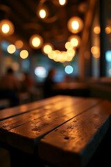 Aufkleber - A weathered wooden table in a dimly lit cafe at night features a blurred and abstract bokeh effect on its surface._00001_