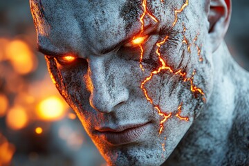 Poster - An ultra-detailed close-up of a villain face, with scars, glowing red eyes, and a menacing smirk, illuminated by flickering firelight