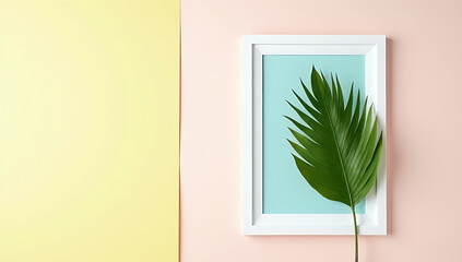 Poster - A vibrant tropical coconut leaf is placed in a delicate white paper frame against a soft pastel colored background._00002_