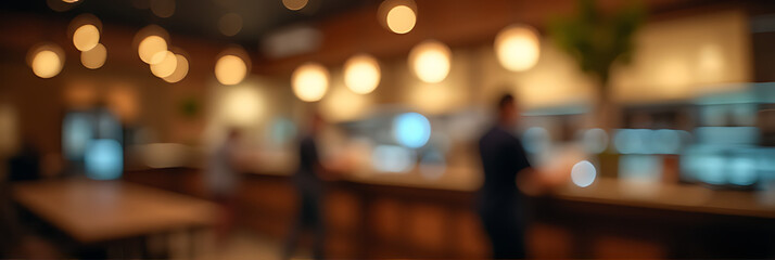Aufkleber - A trendy cafe features a blurred coffee shop background with abstract bokeh lighting creating an artsy atmosphere and vibe._00001_