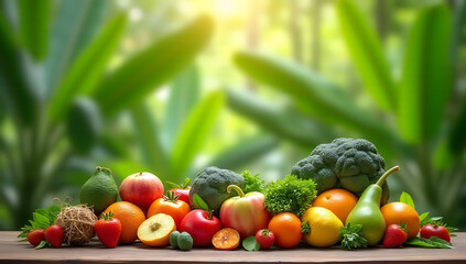Poster - A summer display of fresh natural products is showcased on a wooden table against a blurred tropical leafy garden backdrop._00002_