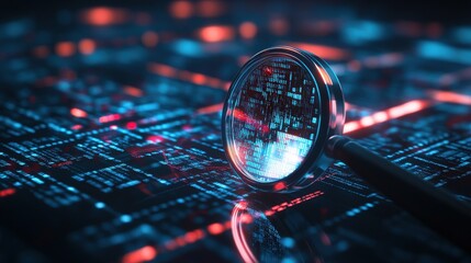 Poster - High-Tech Magnifying Glass Over Digital Data Grid, Representing Data Analysis and Technology Advancements in Modern Cybersecurity and Information Retrieval