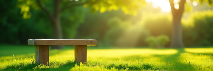 Aufkleber - A simple wooden table sits empty on a lush green lawn amidst a serene morning setting in a beautiful garden background._00001_