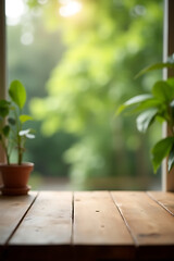 Aufkleber - A serene morning scene unfolds with an empty wooden table amidst a blurred abstract green garden viewed from a kitchen window._00001_