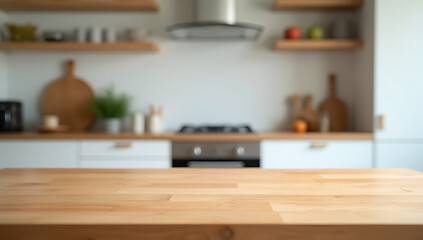 Poster - A selective focus of a wood table top is blurred on the kitchen counter in the background._00002_
