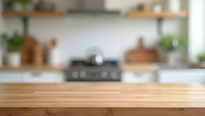 Poster - A selective focus of a wood table top is blurred on the kitchen counter in the background._00001_