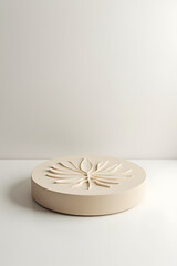 Aufkleber - A sandstone top features a tropical leaf design as the centerpiece of this minimalist product display platform on a white wall._00002_