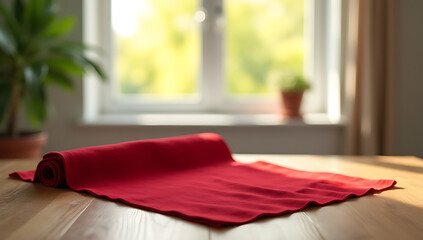 Poster - A red cloth lies on a wooden table with a blurred window behind it in a morning light, ideal for product display or visual design._00001_