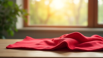 Poster - A red cloth lies on a wooden table with a blurred window behind it in a morning light, ideal for product display or visual design._00002_