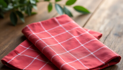 Aufkleber - A red checkered fabric lies atop a wooden table in a clear decorative setting for use as a visual representation of simplicity._00002_