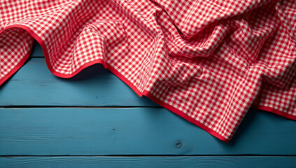 Aufkleber - A red checkered pattern of fabric lies atop a blue wooden table as part of an important decoration key visual illustration design concept._00001_
