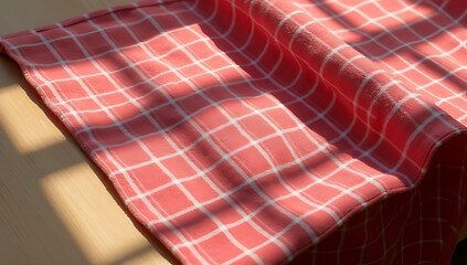 Aufkleber - A red checkered fabric lies atop a wooden table in a clear decorative setting for use as a visual representation of simplicity._00001_