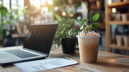 Poster - A cozy workspace featuring a laptop, a drink with plants, and a serene atmosphere.