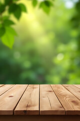 Aufkleber - A real wood table top with a blurred tree leaf pattern on a garden background for product display purposes._00001_