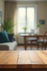 Poster - A plain wooden table stands out against a blurred abstract background of a room with a window visible in the distance._00002_