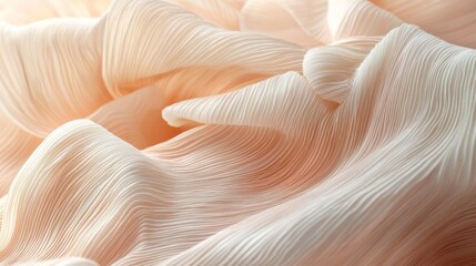 Poster - Delicate layers of a large crumpled dress in light pink cascade softly, showcasing intricate pleats and textures as gentle light dances across the fabric, creating an enchanting visual experience