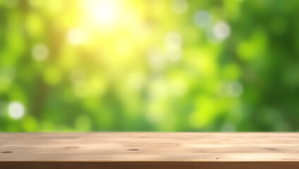 Aufkleber - A minimalist wooden tabletop with a blurred background featuring lush greenery and sunlight is ideal for a key visual or layout._00002_