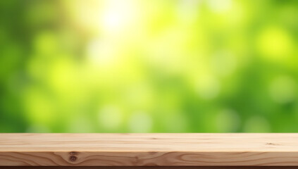 Aufkleber - A minimalist wooden tabletop with a blurred background featuring lush greenery and sunlight is ideal for a key visual or layout._00001_