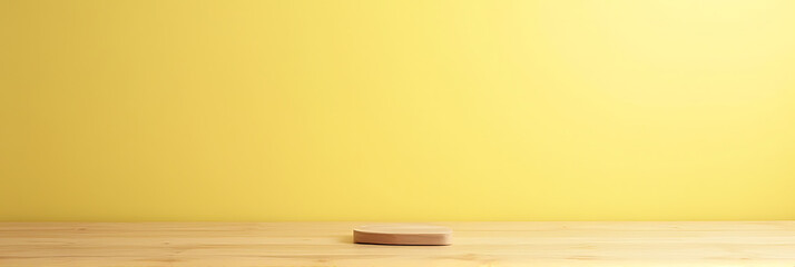 Aufkleber - A minimalist wooden tabletop is showcased on a soft yellow pastel background with ample space for product display and creative visuals._00002_