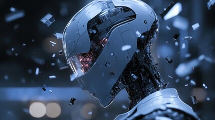 Poster - Futuristic Robot Head with Transparent Elements Showcasing Intricate Mechanics and Lighting, Representing AI Evolution and Technology in Modern Design