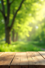 Aufkleber - A minimalist wooden table top is devoid of clutter, showcasing a vibrant green abstract design amidst warm sunlight and natural beauty._00002_